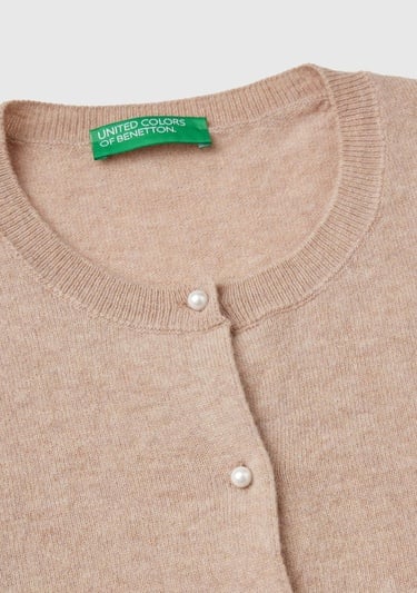  Kadın Bej Melanj Bisiklet Yaka %İnci Düğmeli Merino Hırka