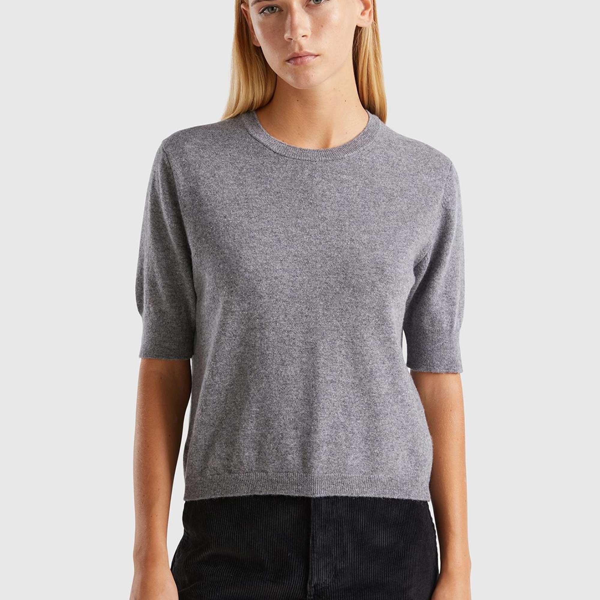 Kadın Antrasit Melanj Bisiklet Yaka %100 Merino Kısa Kollu Kazak