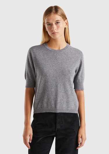  Kadın Antrasit Melanj Bisiklet Yaka %100 Merino Kısa Kollu Kazak