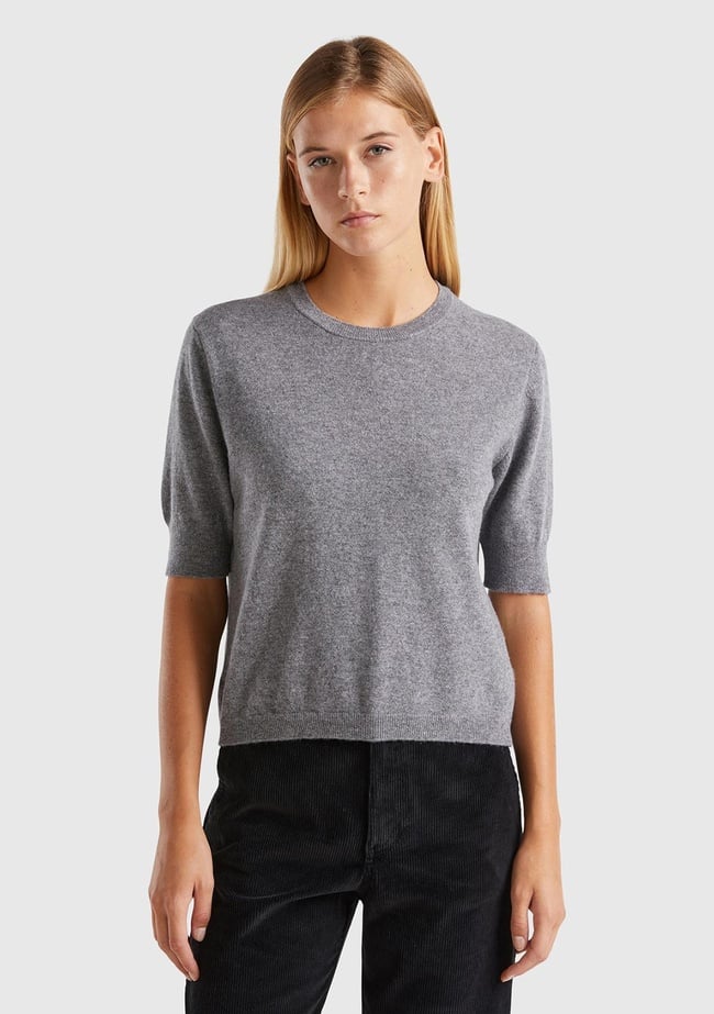  Kadın Antrasit Melanj Bisiklet Yaka %100 Merino Kısa Kollu Kazak