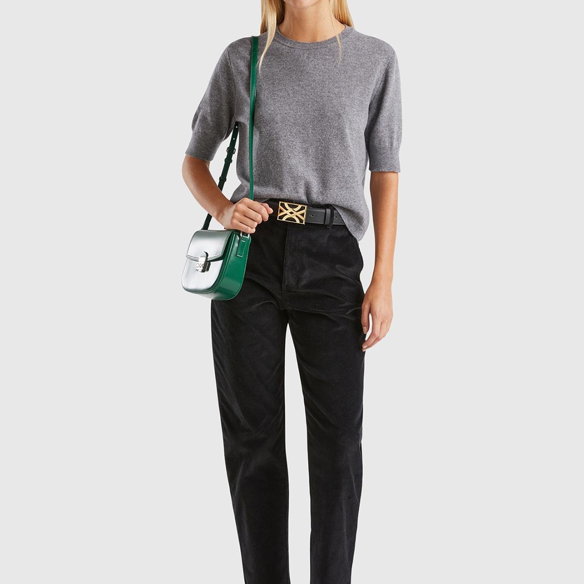 Kadın Antrasit Melanj Bisiklet Yaka %100 Merino Kısa Kollu Kazak