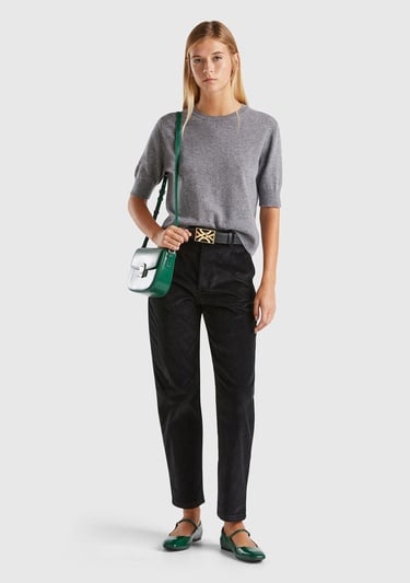  Kadın Antrasit Melanj Bisiklet Yaka %100 Merino Kısa Kollu Kazak