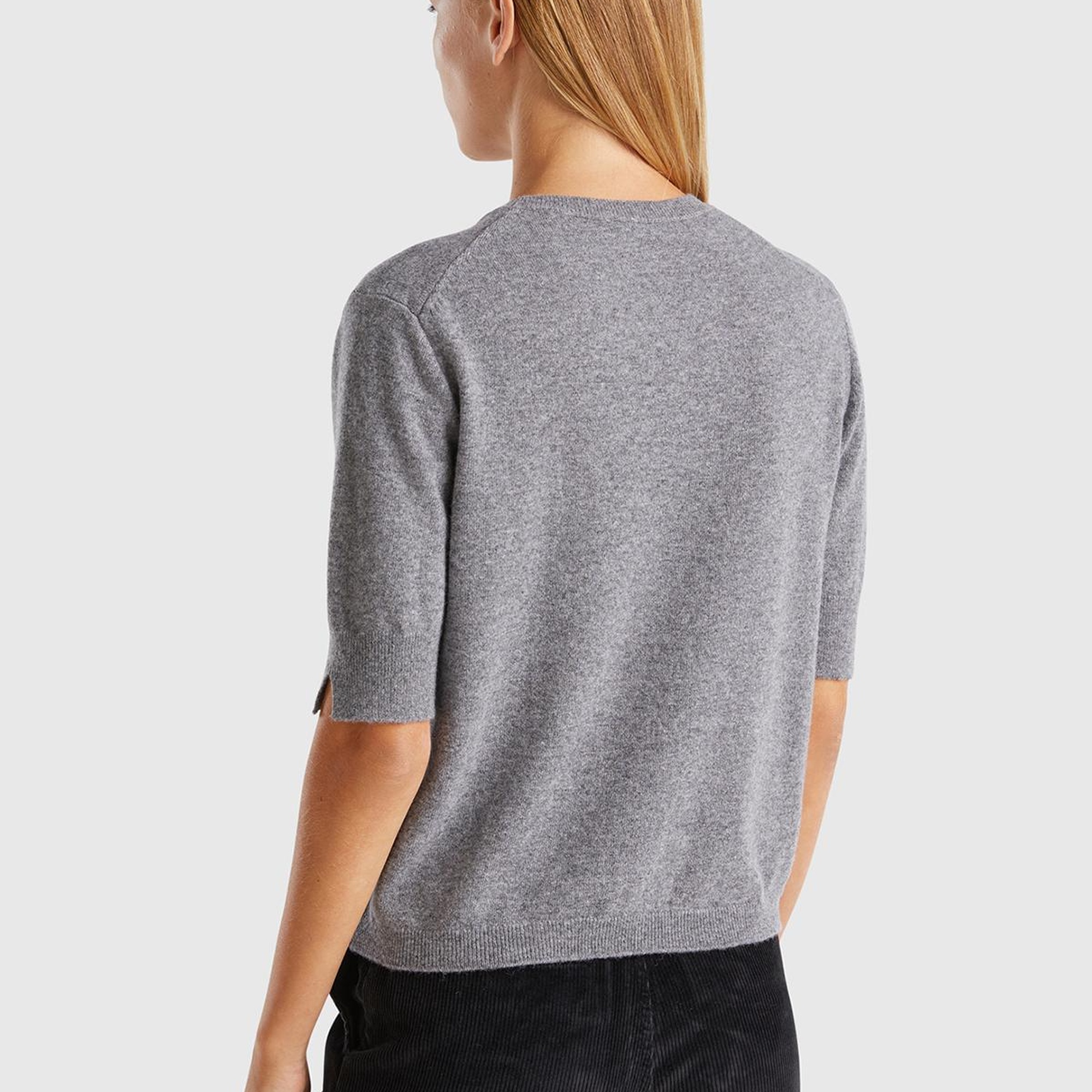 Kadın Antrasit Melanj Bisiklet Yaka %100 Merino Kısa Kollu Kazak