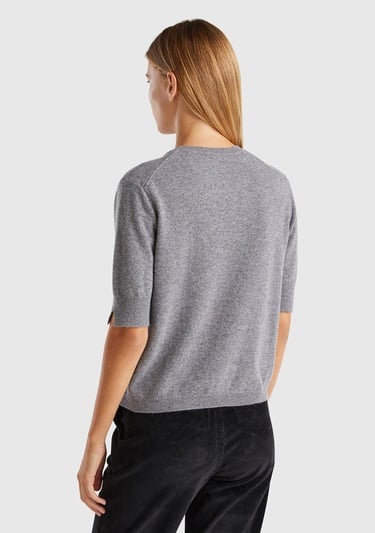  Kadın Antrasit Melanj Bisiklet Yaka %100 Merino Kısa Kollu Kazak