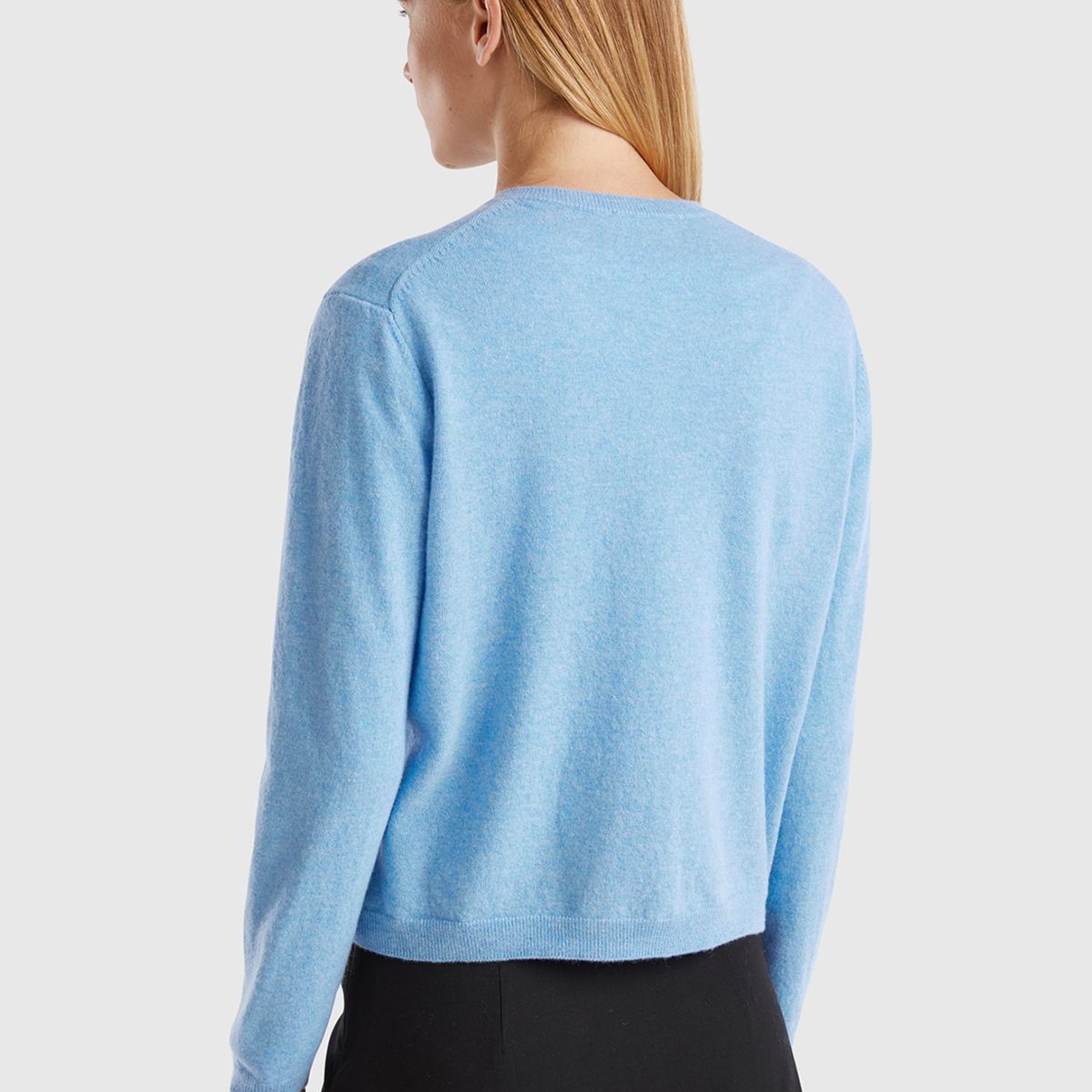 Kadın Mavi Melanj Bisiklet Yaka %İnci Düğmeli Merino Hırka