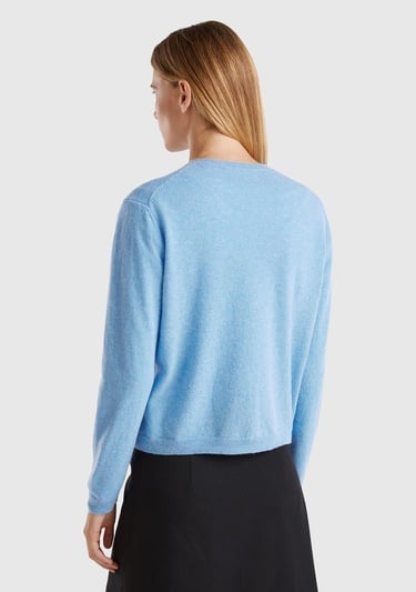  Kadın Mavi Melanj Bisiklet Yaka %İnci Düğmeli Merino Hırka