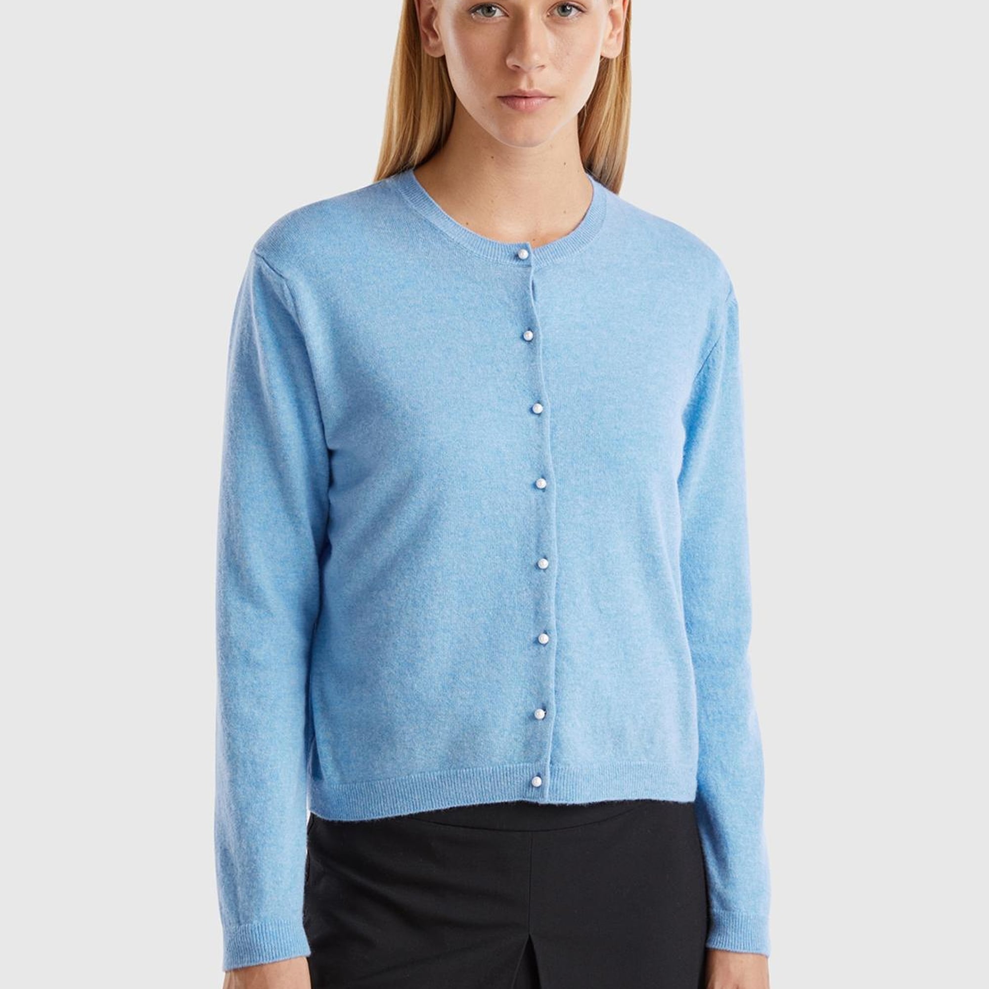 Kadın Mavi Melanj Bisiklet Yaka %İnci Düğmeli Merino Hırka