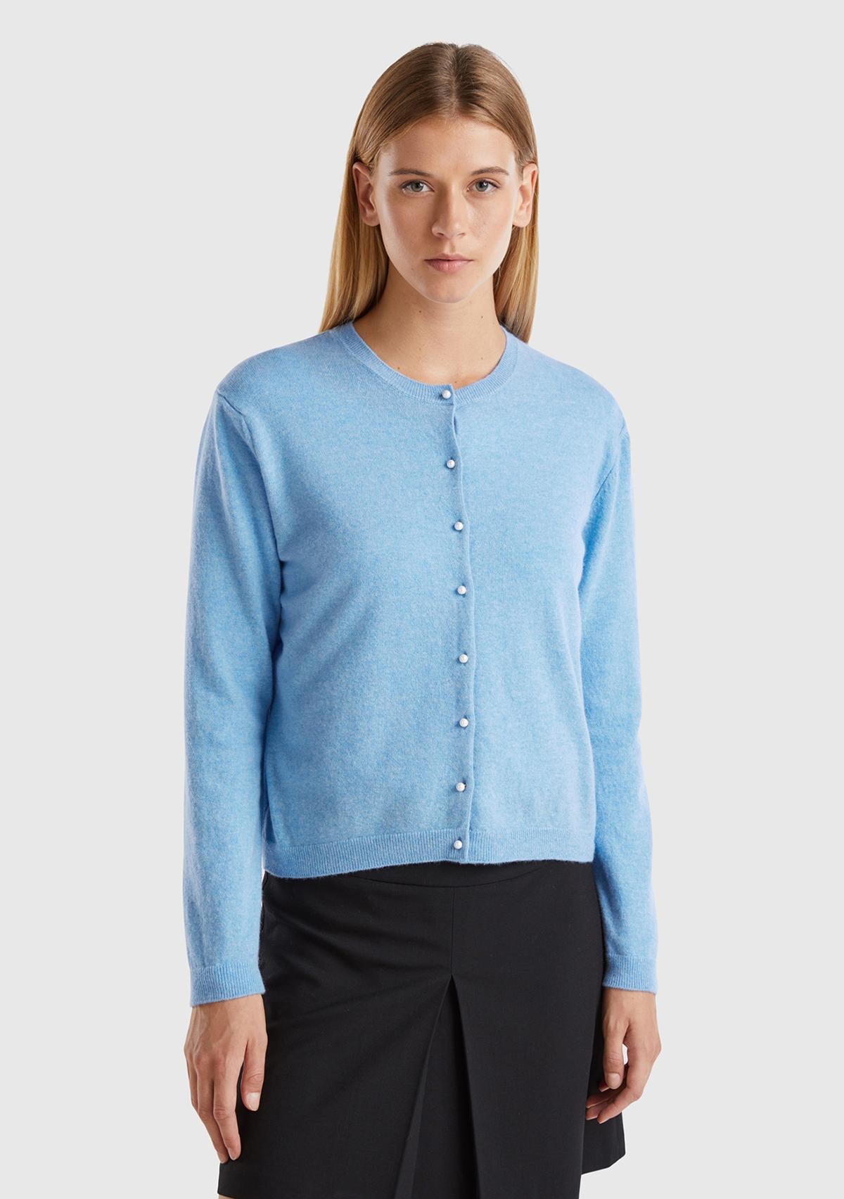  Kadın Mavi Melanj Bisiklet Yaka %İnci Düğmeli Merino Hırka