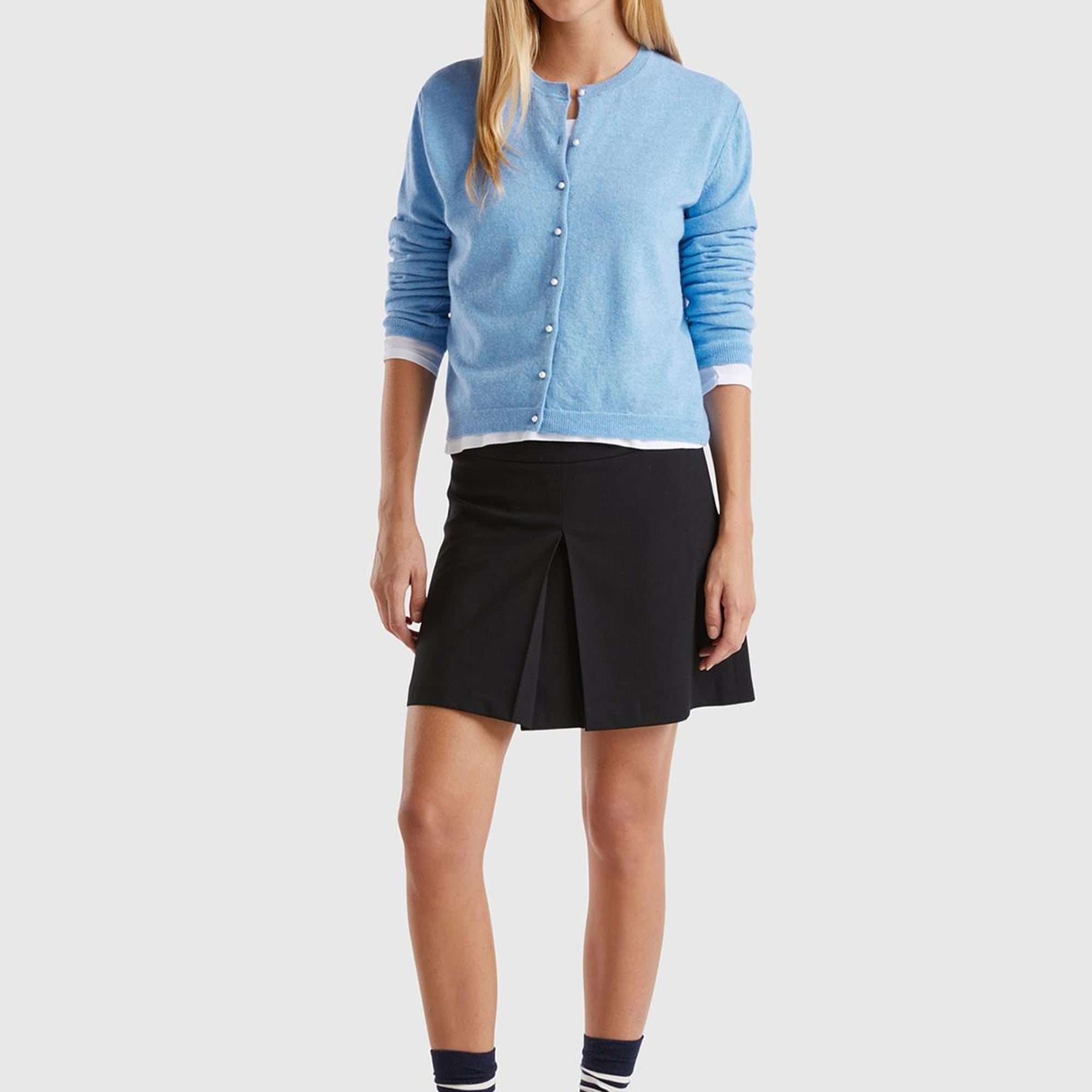 Kadın Mavi Melanj Bisiklet Yaka %İnci Düğmeli Merino Hırka