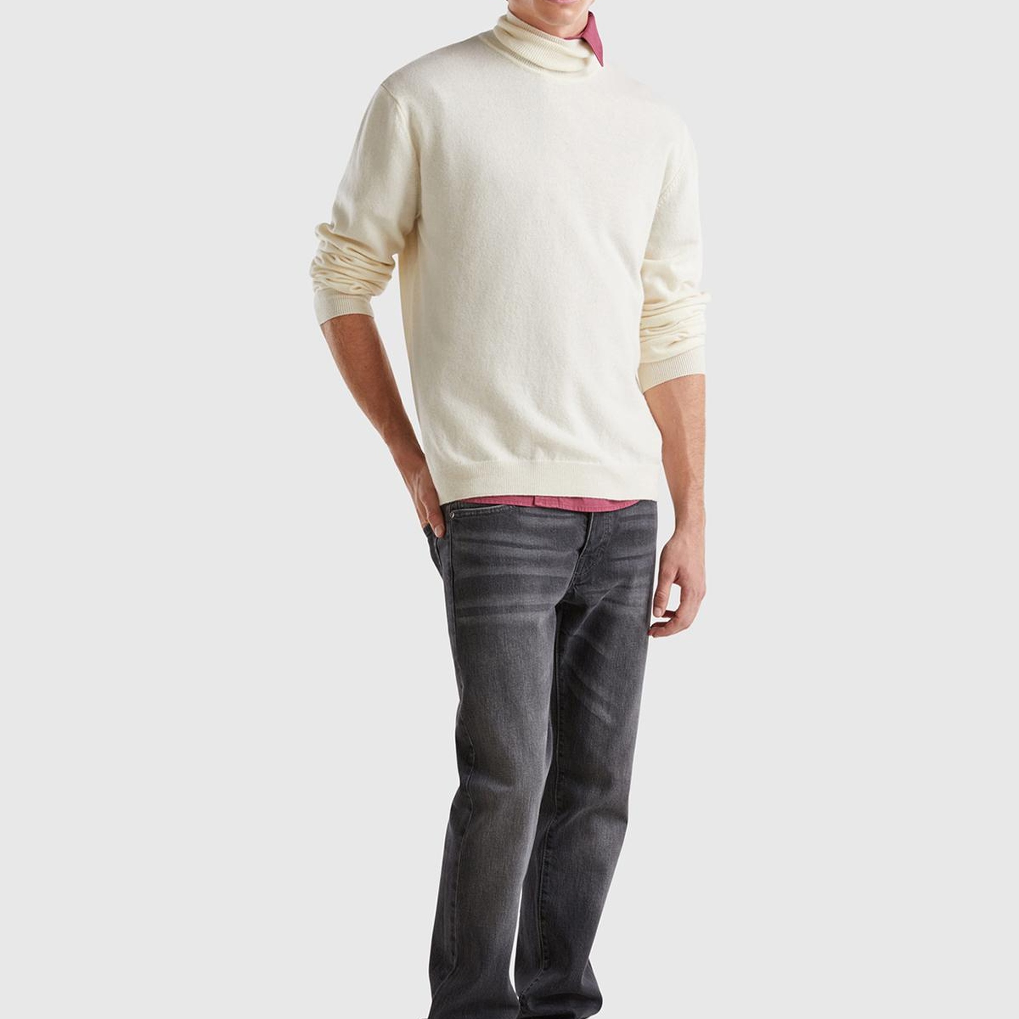 Erkek Krem Boğazlı %100 Merino Kazak