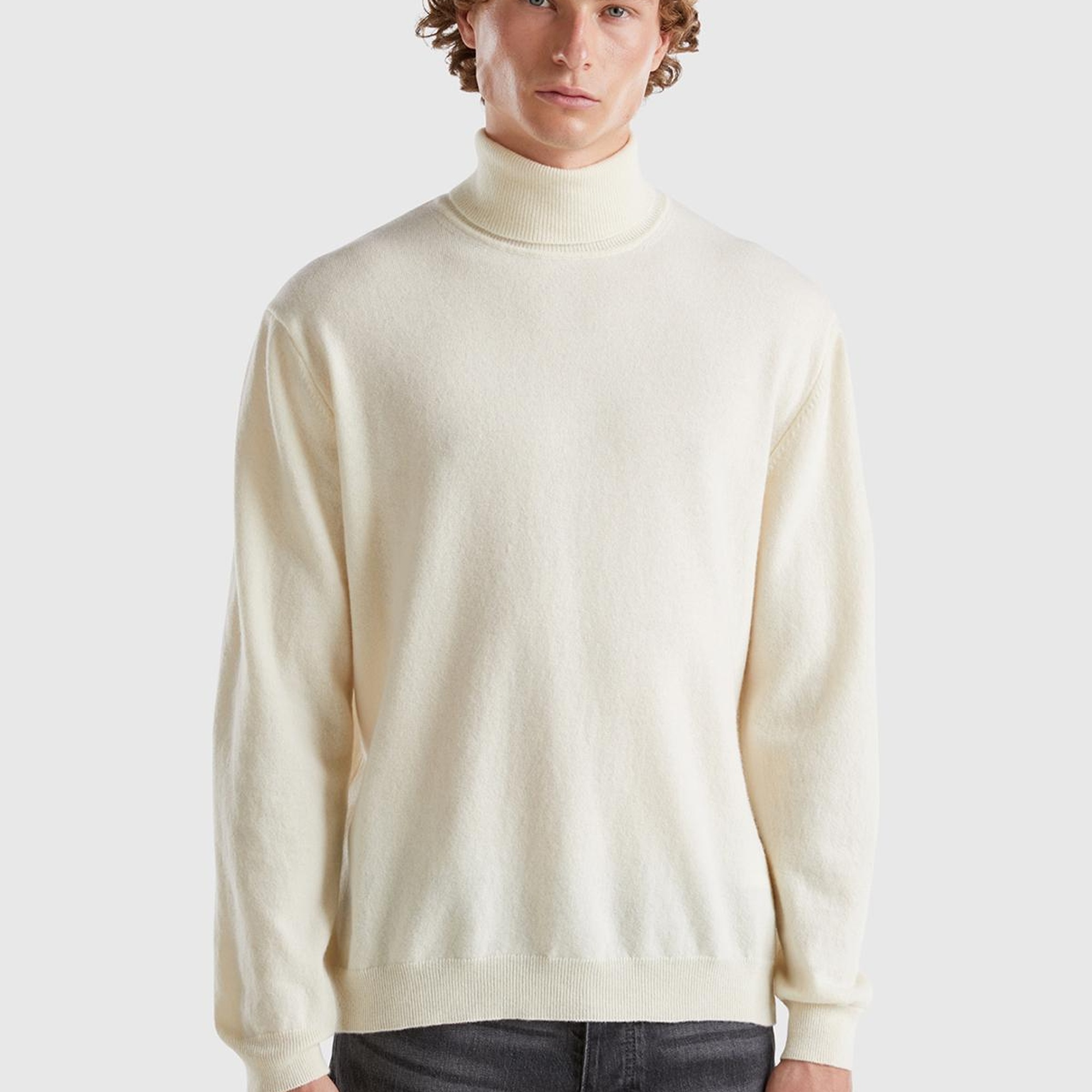 Erkek Krem Boğazlı %100 Merino Kazak