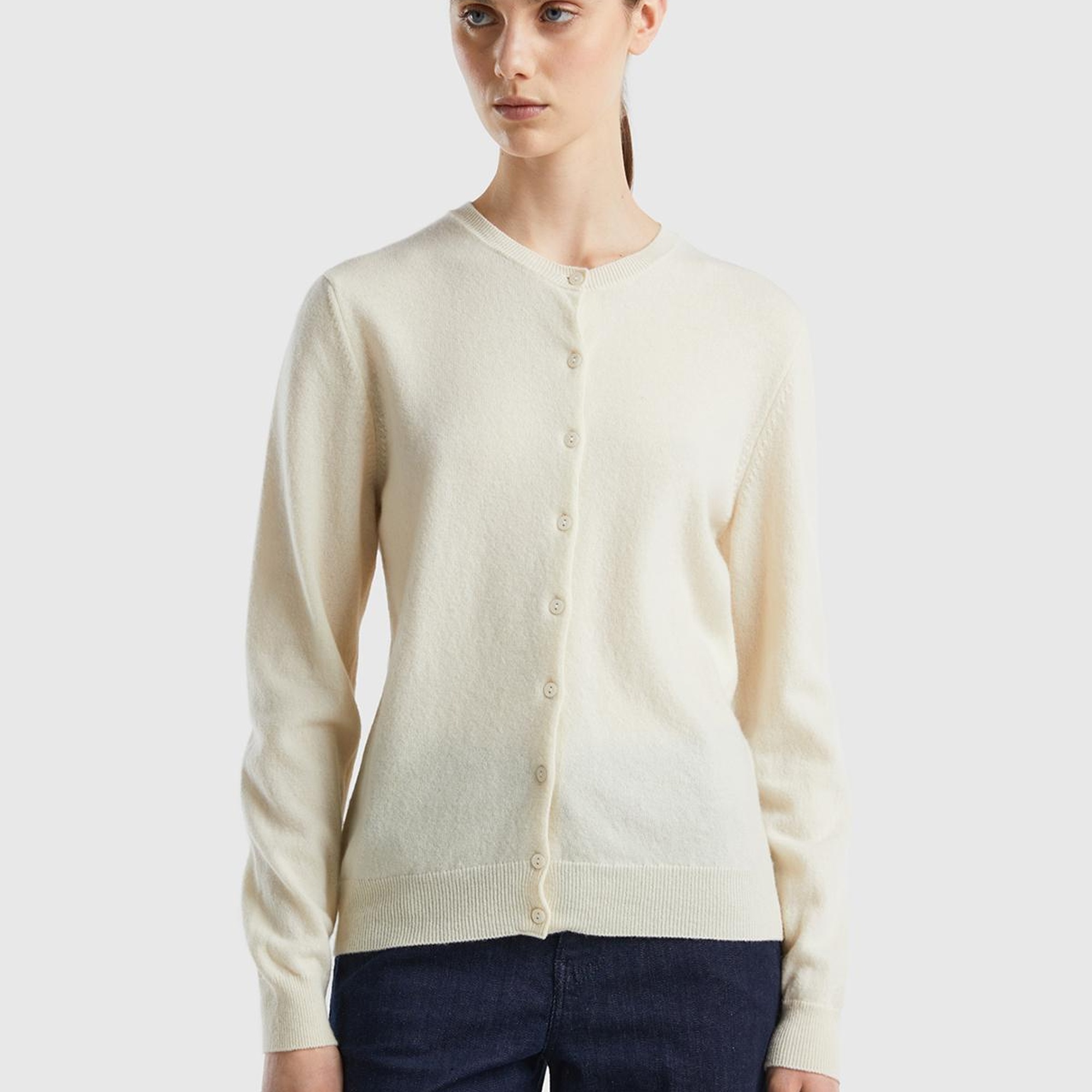 Kadın Krem Bisiklet Yaka %100 Merino Hırka