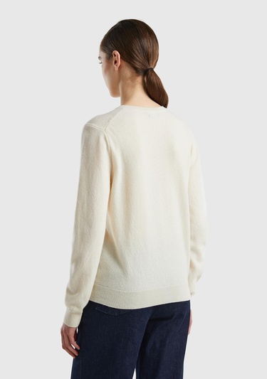  Kadın Krem Bisiklet Yaka %100 Merino Hırka