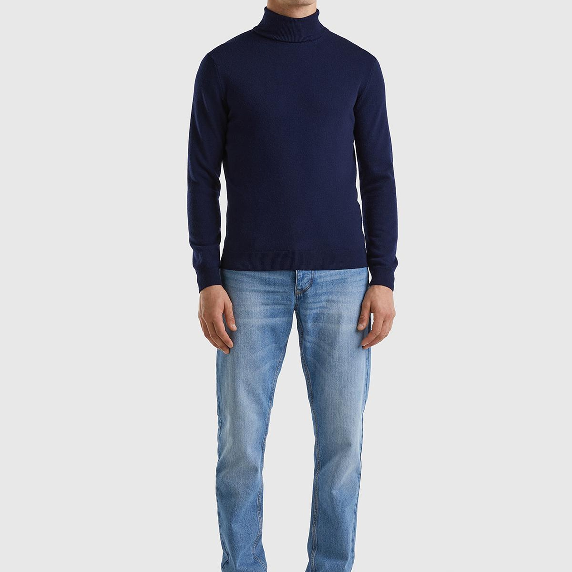 Erkek Lacivert Boğazlı %100 Merino Kazak