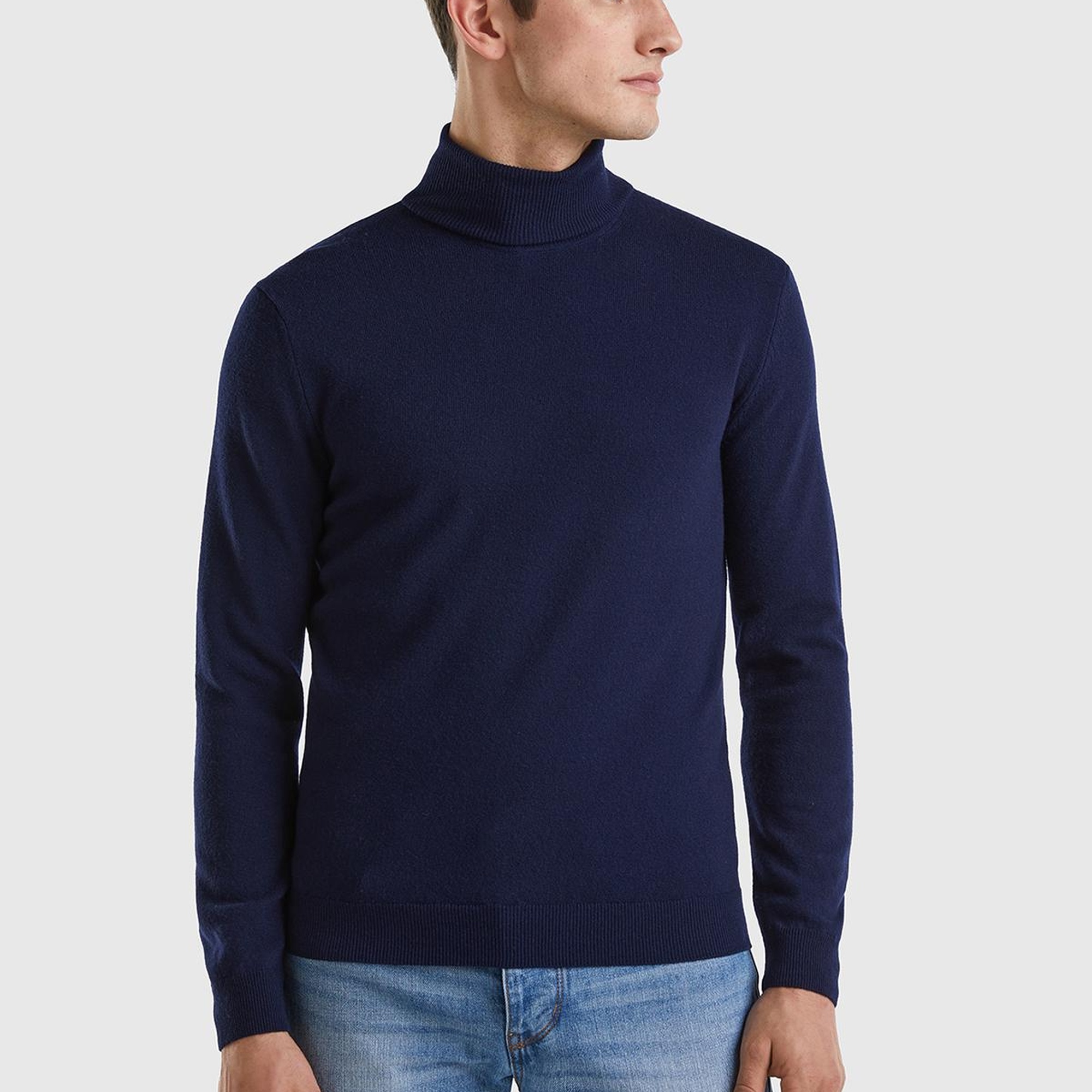 Erkek Lacivert Boğazlı %100 Merino Kazak