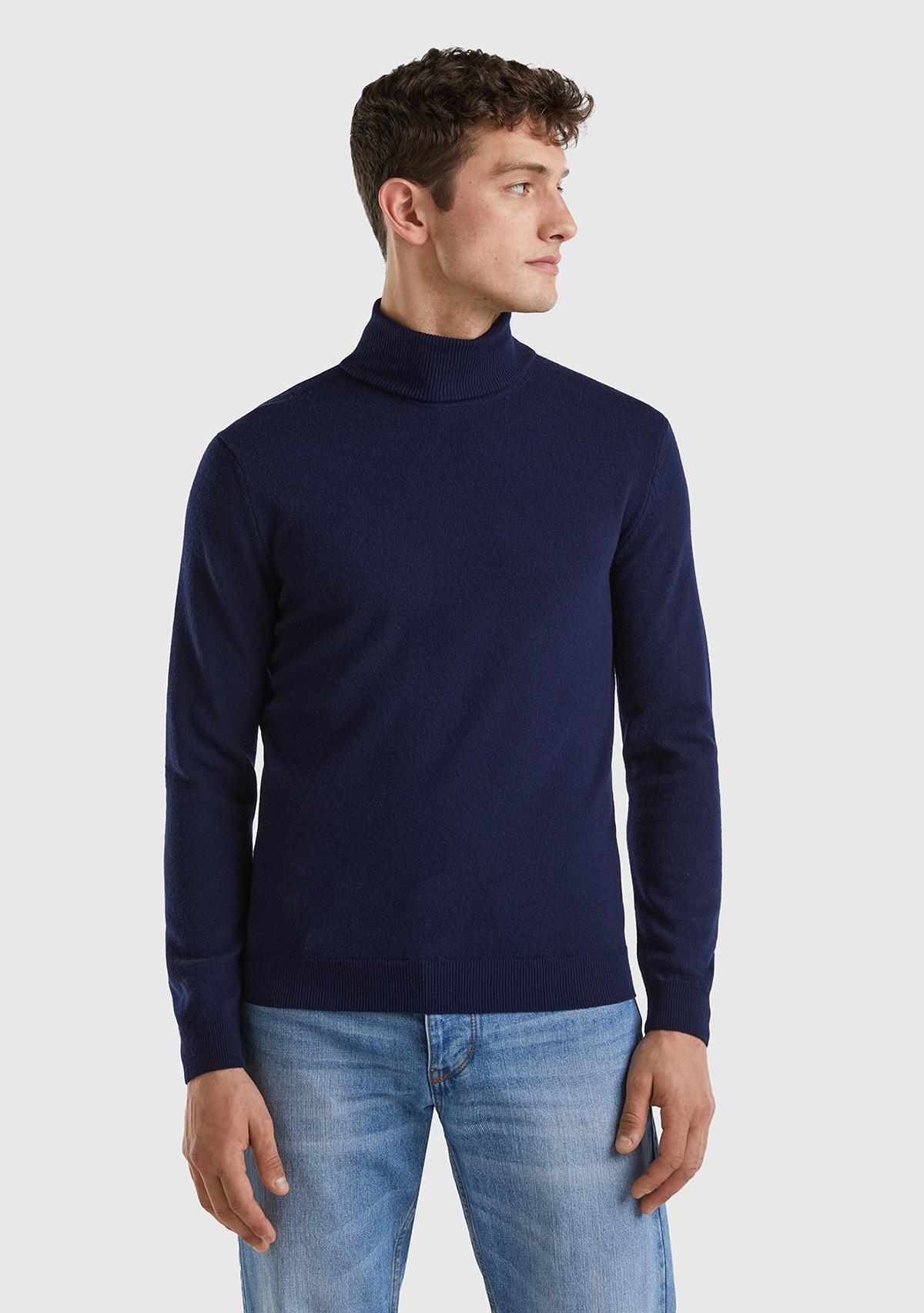  Erkek Lacivert Boğazlı %100 Merino Kazak