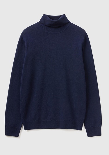  Erkek Lacivert Boğazlı %100 Merino Kazak