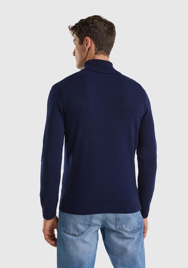  Erkek Lacivert Boğazlı %100 Merino Kazak