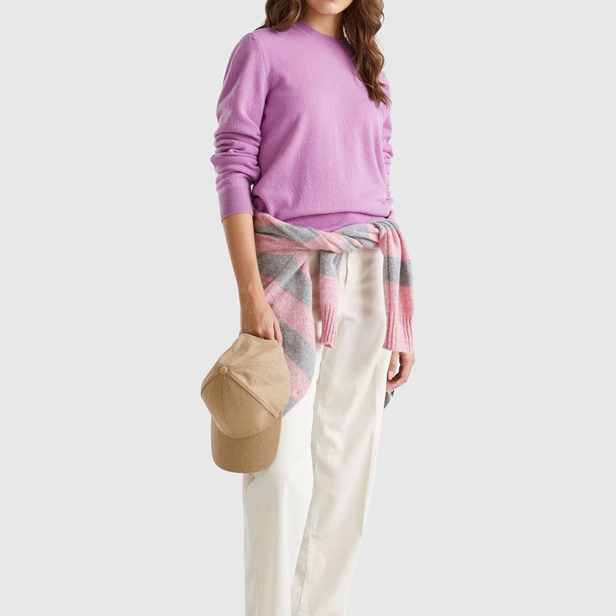 Kadın Lila %100 Kaşmir Yuvarlak Yaka Düz Kazak