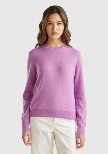 Kadın Lila %100 Kaşmir Yuvarlak Yaka Düz Kazak