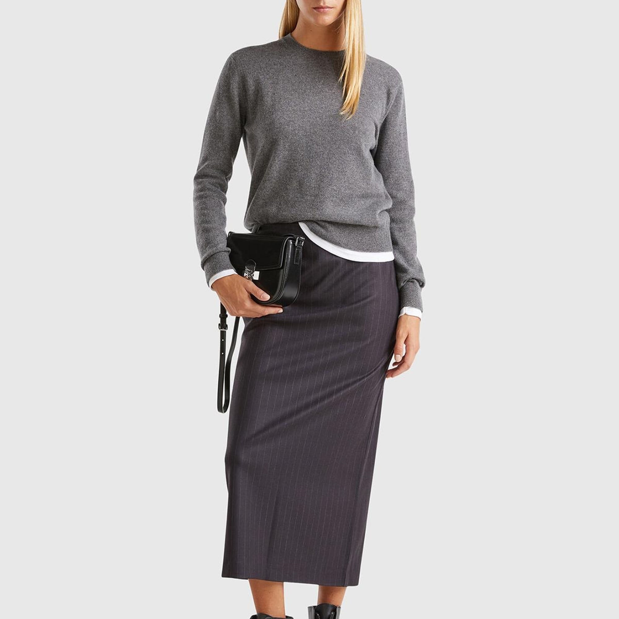 Kadın Antrasit Melanj %100 Kaşmir Yuvarlak Yaka Düz Kazak