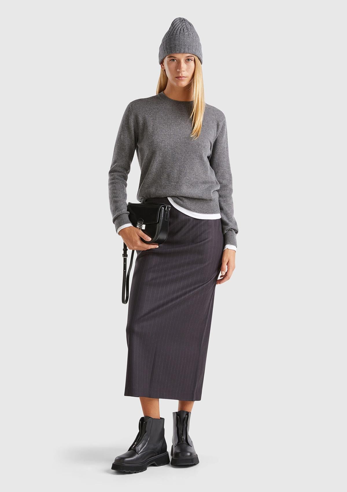  Kadın Antrasit Melanj %100 Kaşmir Yuvarlak Yaka Düz Kazak