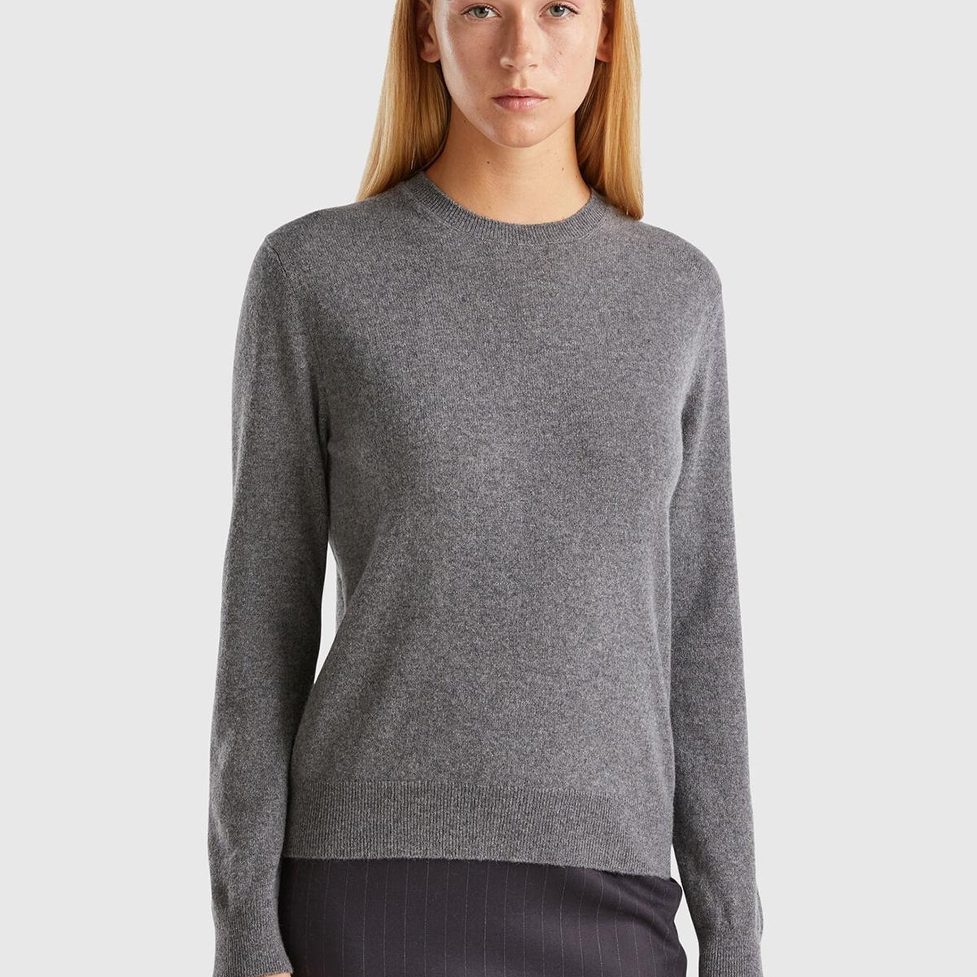 Kadın Antrasit Melanj %100 Kaşmir Yuvarlak Yaka Düz Kazak