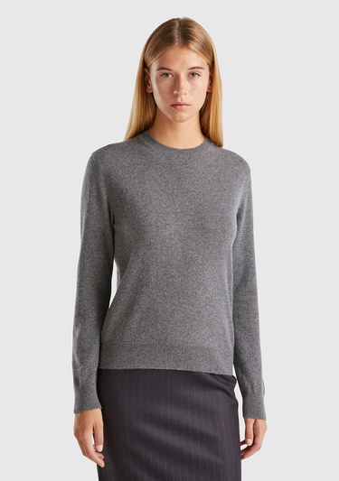  Kadın Antrasit Melanj %100 Kaşmir Yuvarlak Yaka Düz Kazak