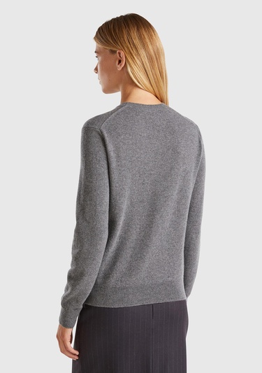  Kadın Antrasit Melanj %100 Kaşmir Yuvarlak Yaka Düz Kazak