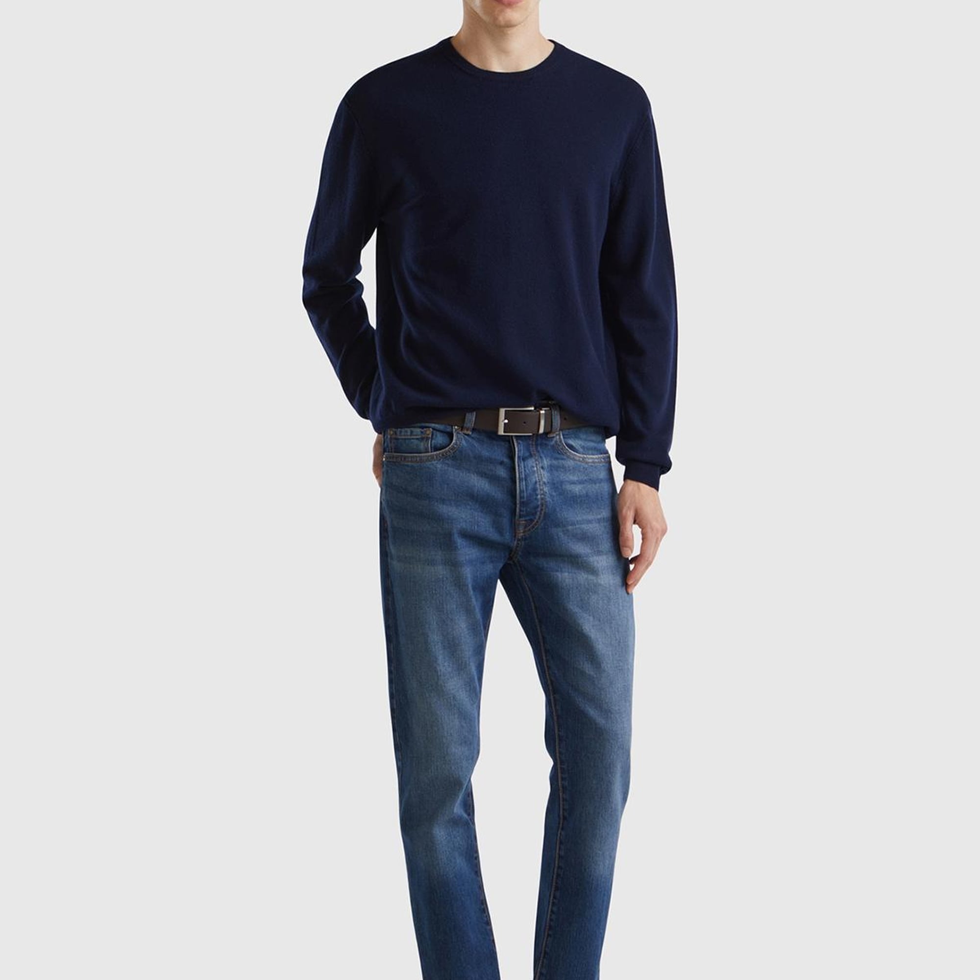 Erkek Lacivert Bisiklet Yaka %100 Merino Kazak