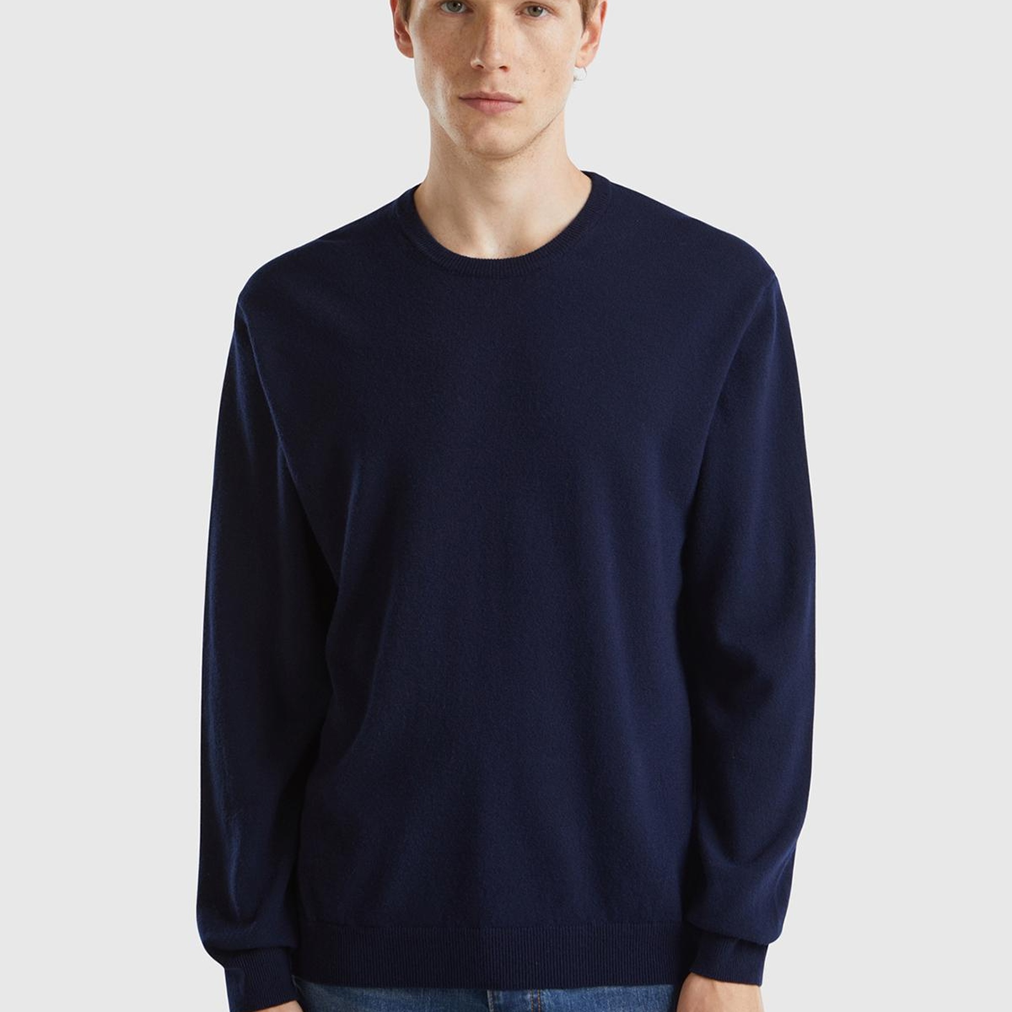 Erkek Lacivert Bisiklet Yaka %100 Merino Kazak