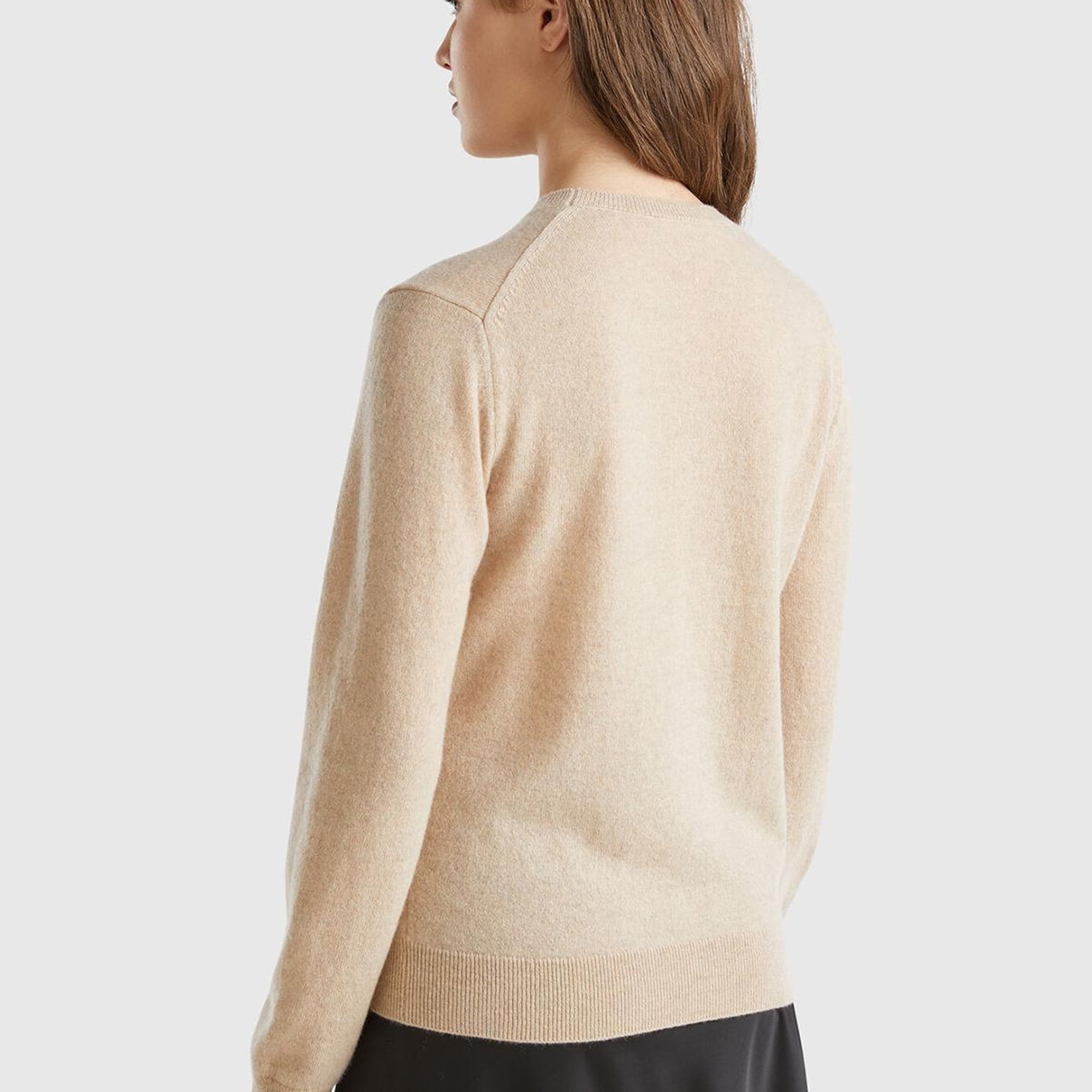 Kadın Bej Melanj %100 Kaşmir Yuvarlak Yaka Düz Kazak