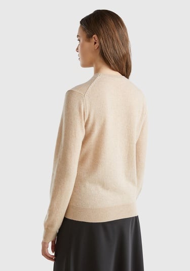  Kadın Bej Melanj %100 Kaşmir Yuvarlak Yaka Düz Kazak