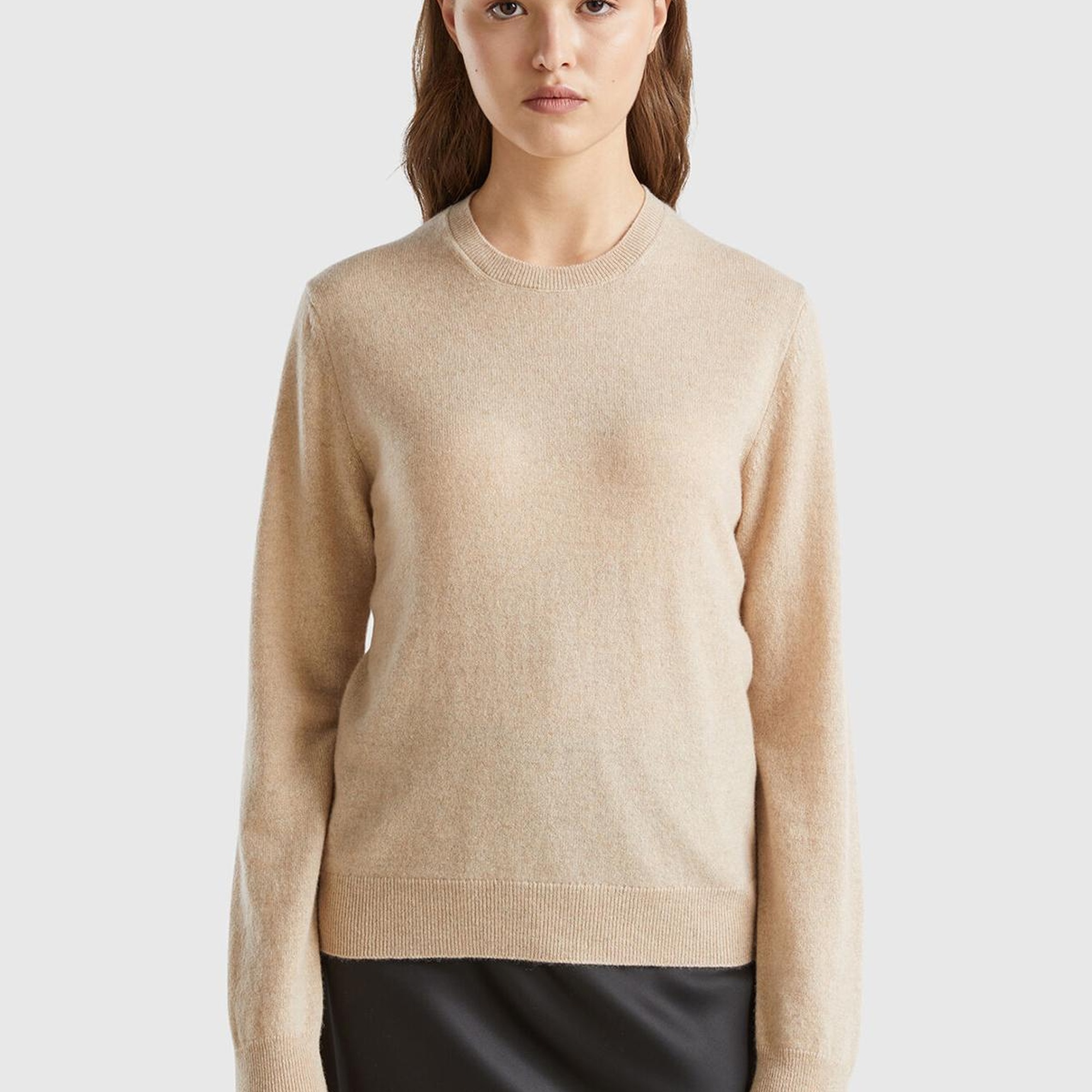 Kadın Bej Melanj %100 Kaşmir Yuvarlak Yaka Düz Kazak