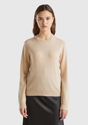  Kadın Bej Melanj %100 Kaşmir Yuvarlak Yaka Düz Kazak