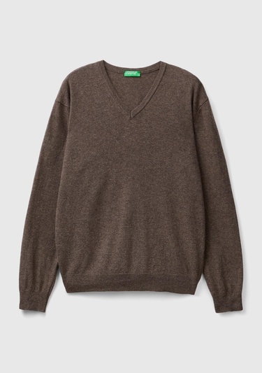 Erkek Sütlü Kahve V Yaka %100 Merino Kazak