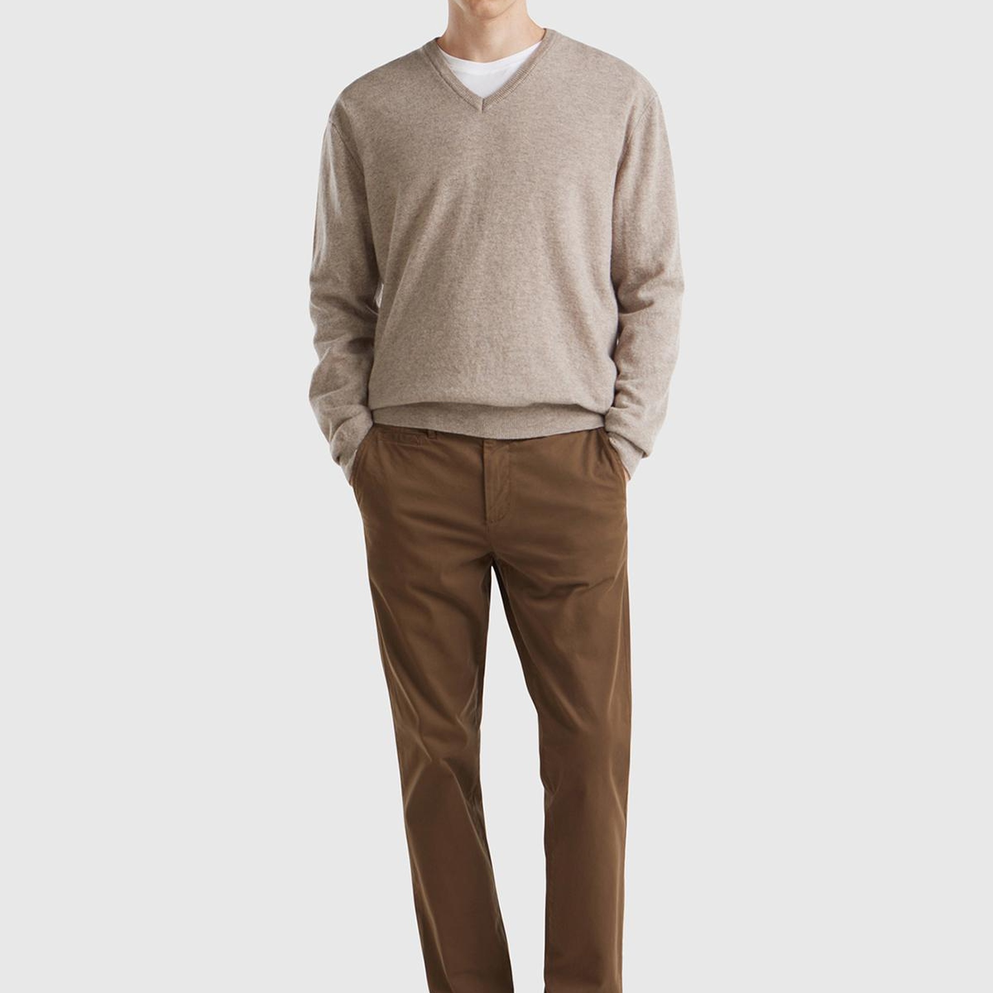 Erkek Bej Melanj V Yaka %100 Merino Kazak