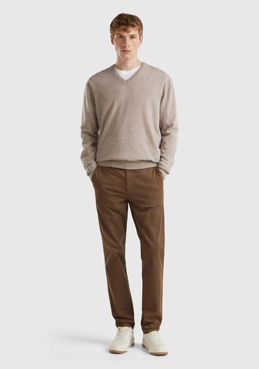  Erkek Bej Melanj V Yaka %100 Merino Kazak