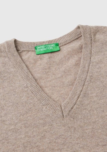  Erkek Bej Melanj V Yaka %100 Merino Kazak