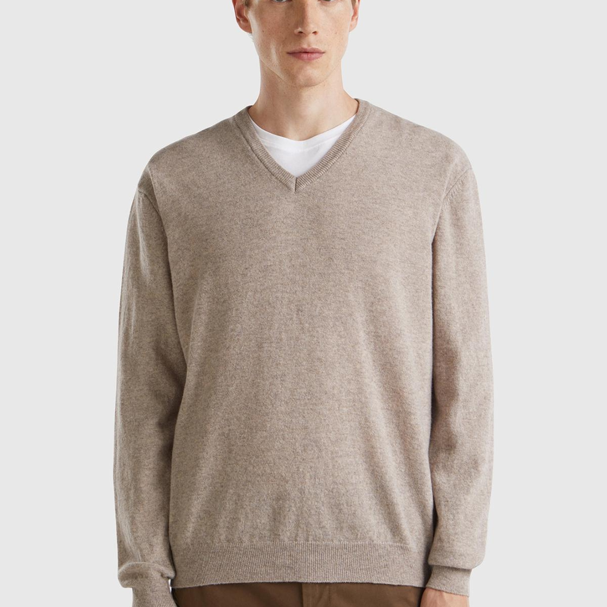 Erkek Bej Melanj V Yaka %100 Merino Kazak