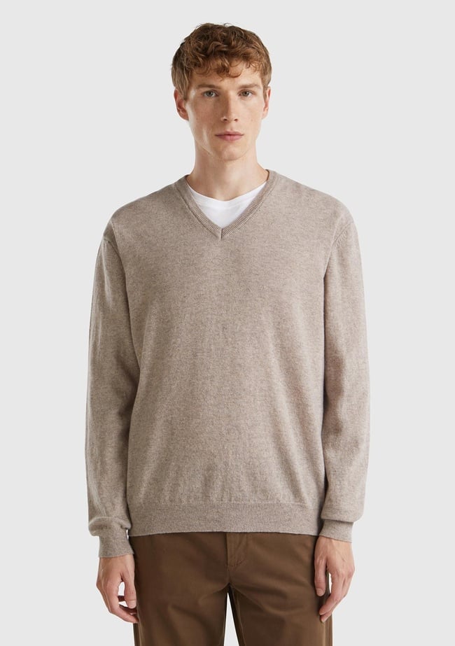  Erkek Bej Melanj V Yaka %100 Merino Kazak