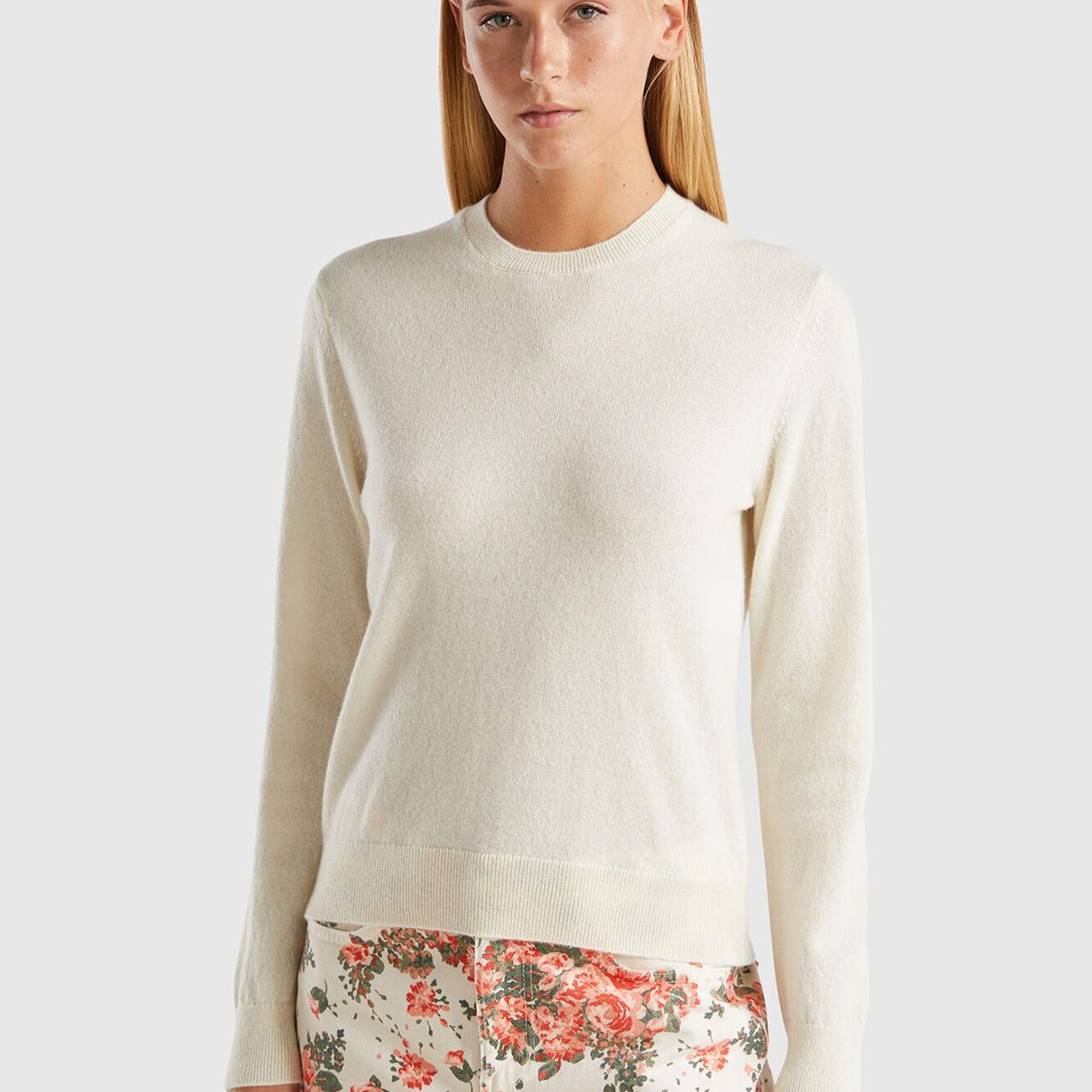 Kadın Krem %100 Kaşmir Yuvarlak Yaka Düz Kazak