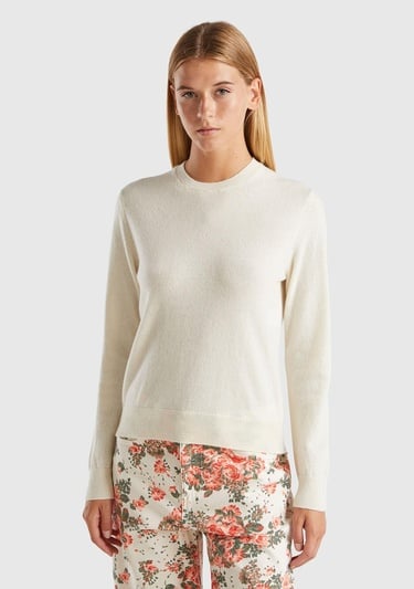  Kadın Krem %100 Kaşmir Yuvarlak Yaka Düz Kazak