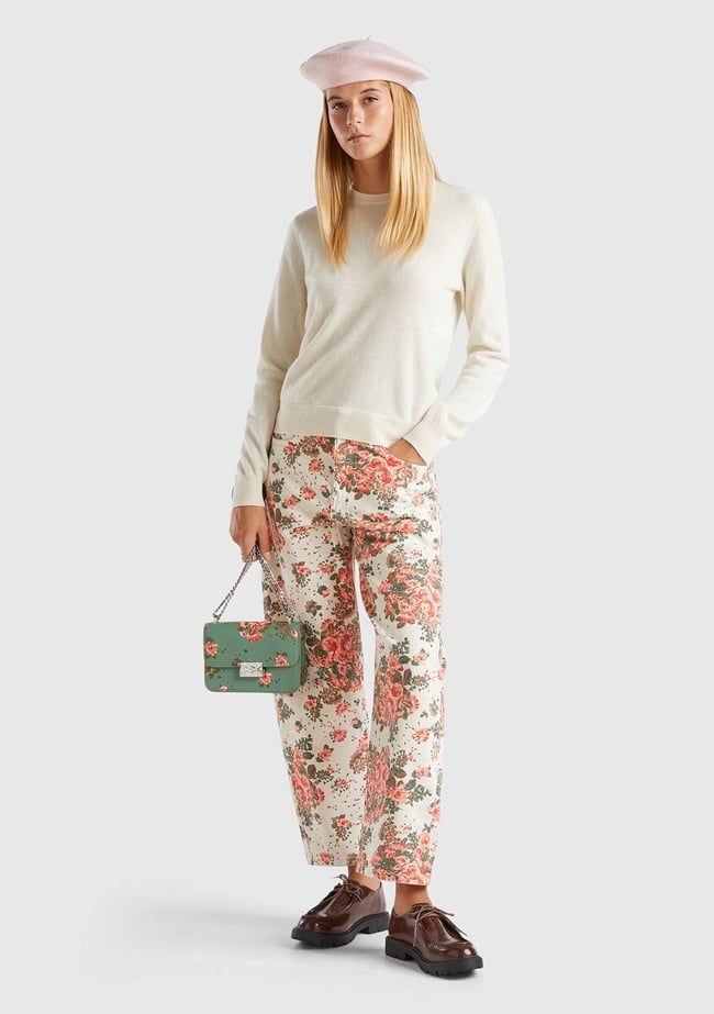  Kadın Krem %100 Kaşmir Yuvarlak Yaka Düz Kazak