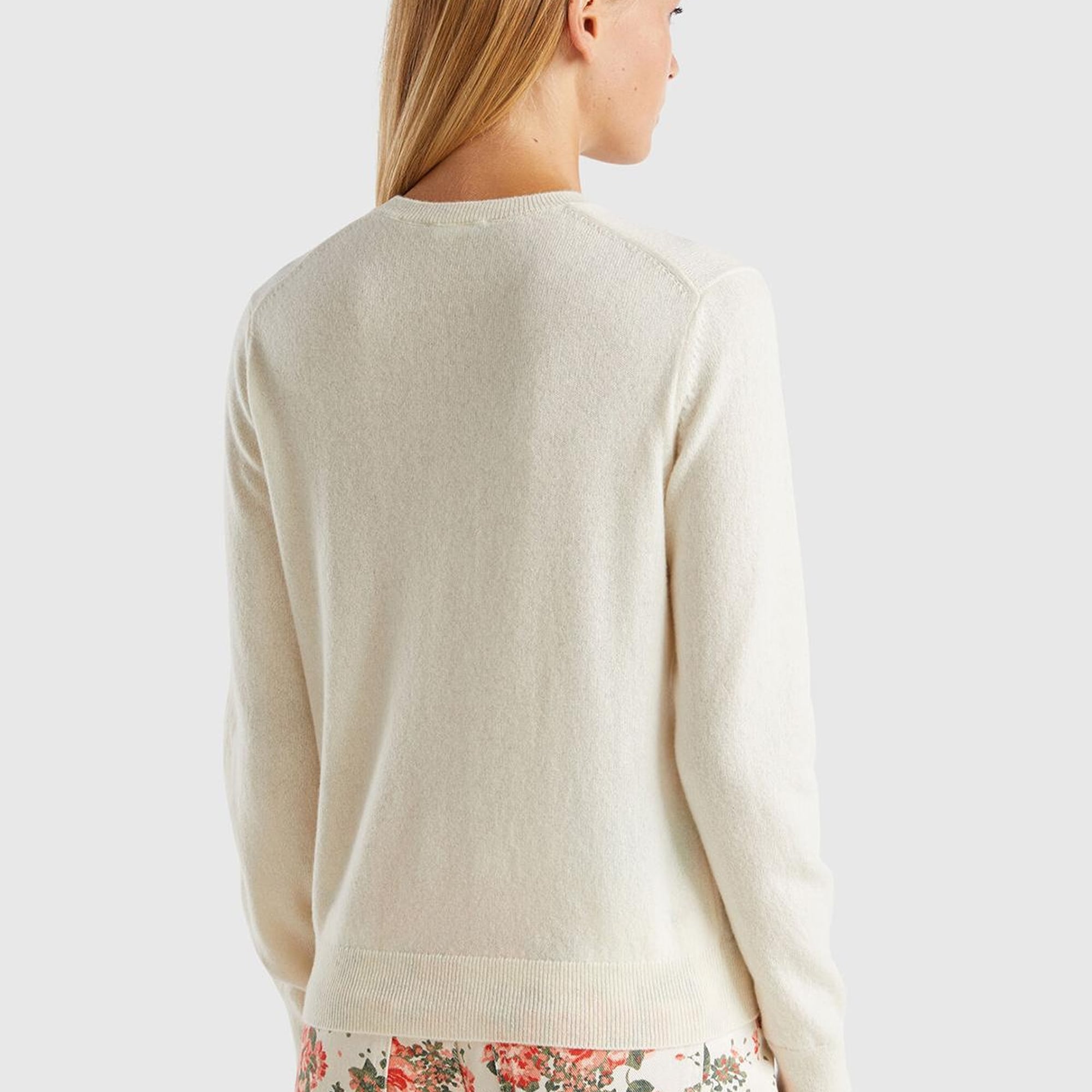 Kadın Krem %100 Kaşmir Yuvarlak Yaka Düz Kazak