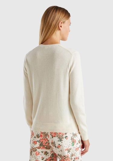  Kadın Krem %100 Kaşmir Yuvarlak Yaka Düz Kazak