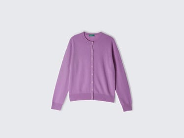  Kadın Lila %100 Kaşmir Yuvarlak Yaka Önü Düğme İliklemeli Hırka