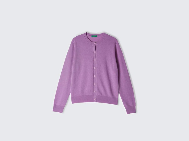  Kadın Lila %100 Kaşmir Yuvarlak Yaka Önü Düğme İliklemeli Hırka