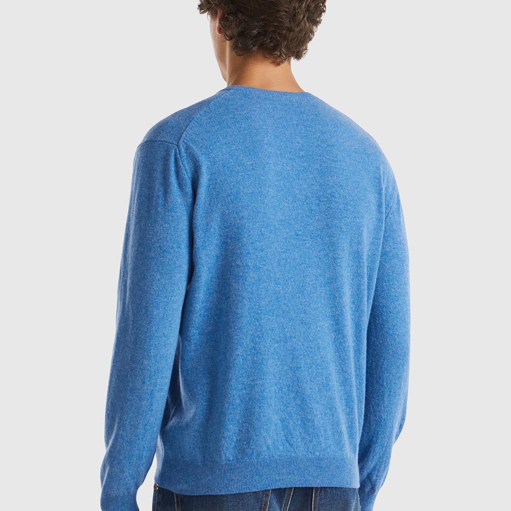 Erkek Mavi Melanj V Yaka %100 Merino Kazak