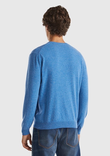  Erkek Mavi Melanj V Yaka %100 Merino Kazak